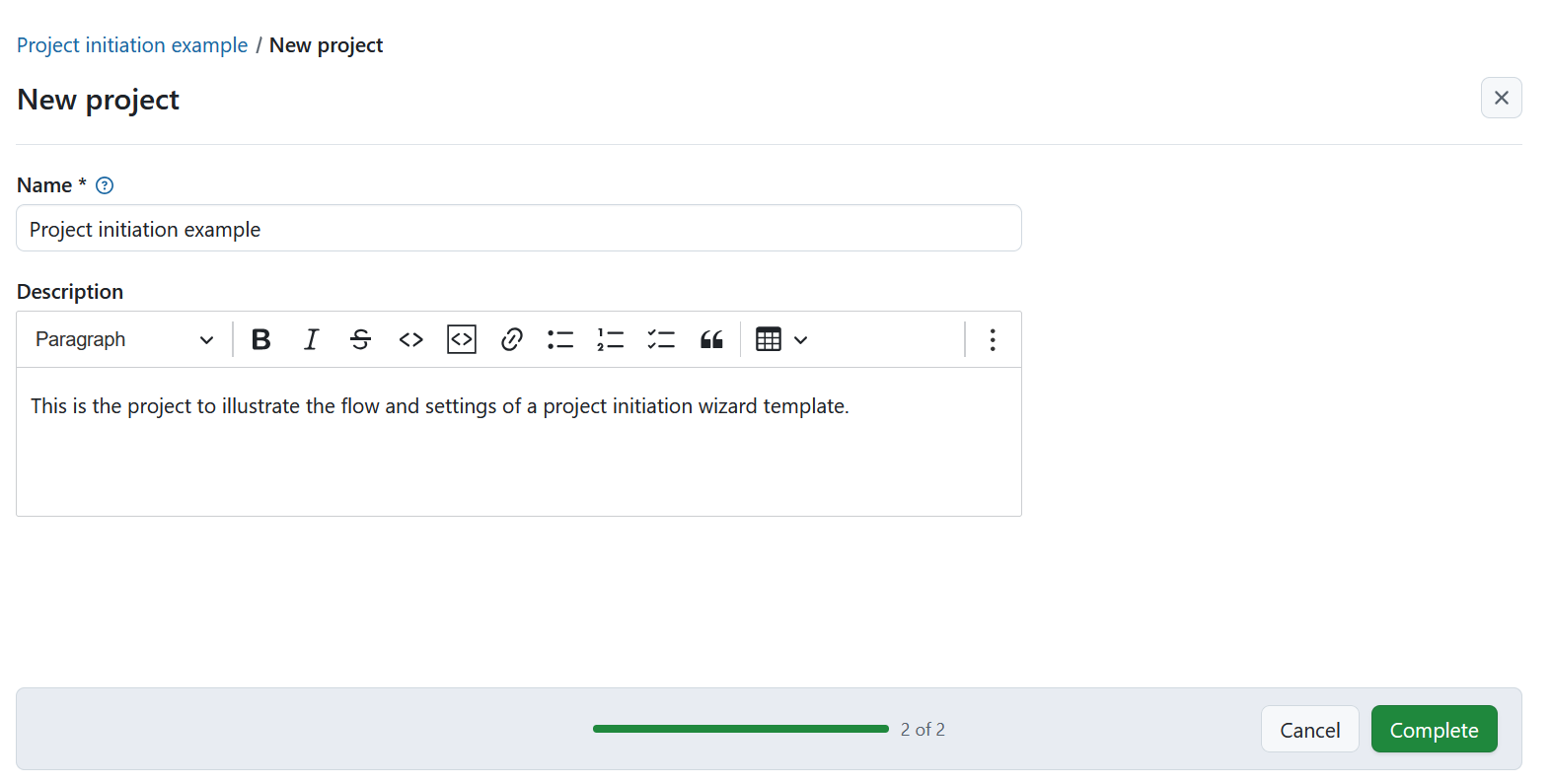 Nombrar un nuevo proyecto durante un flujo de inicio de proyecto en OpenProject