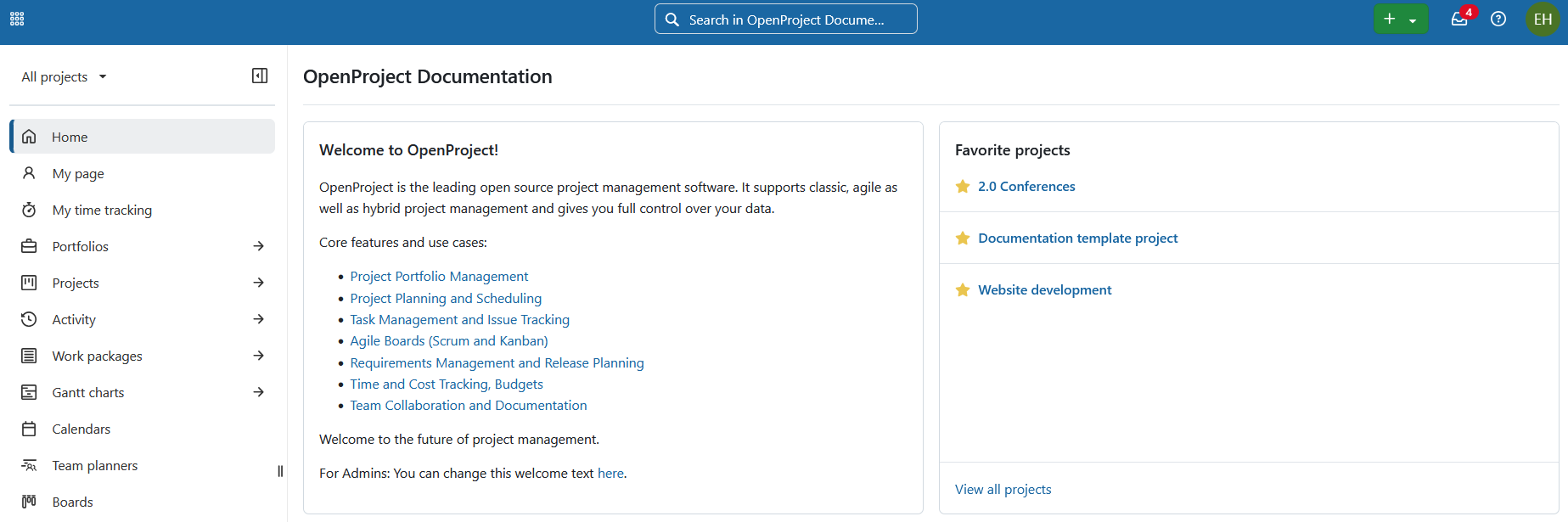Button to create a new project in OpenProject