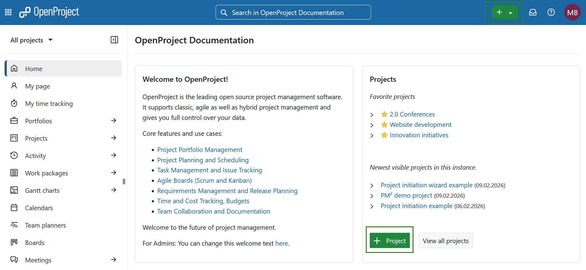 Botón para crear un nuevo proyecto en OpenProject
