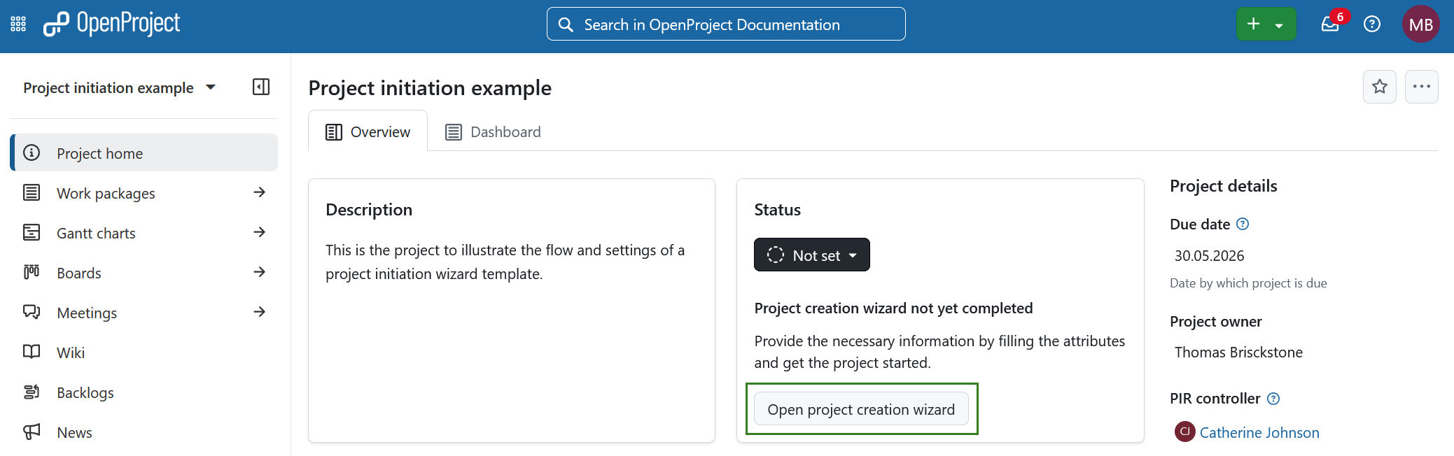 Button to reopen the project creation wizard in OpenProject