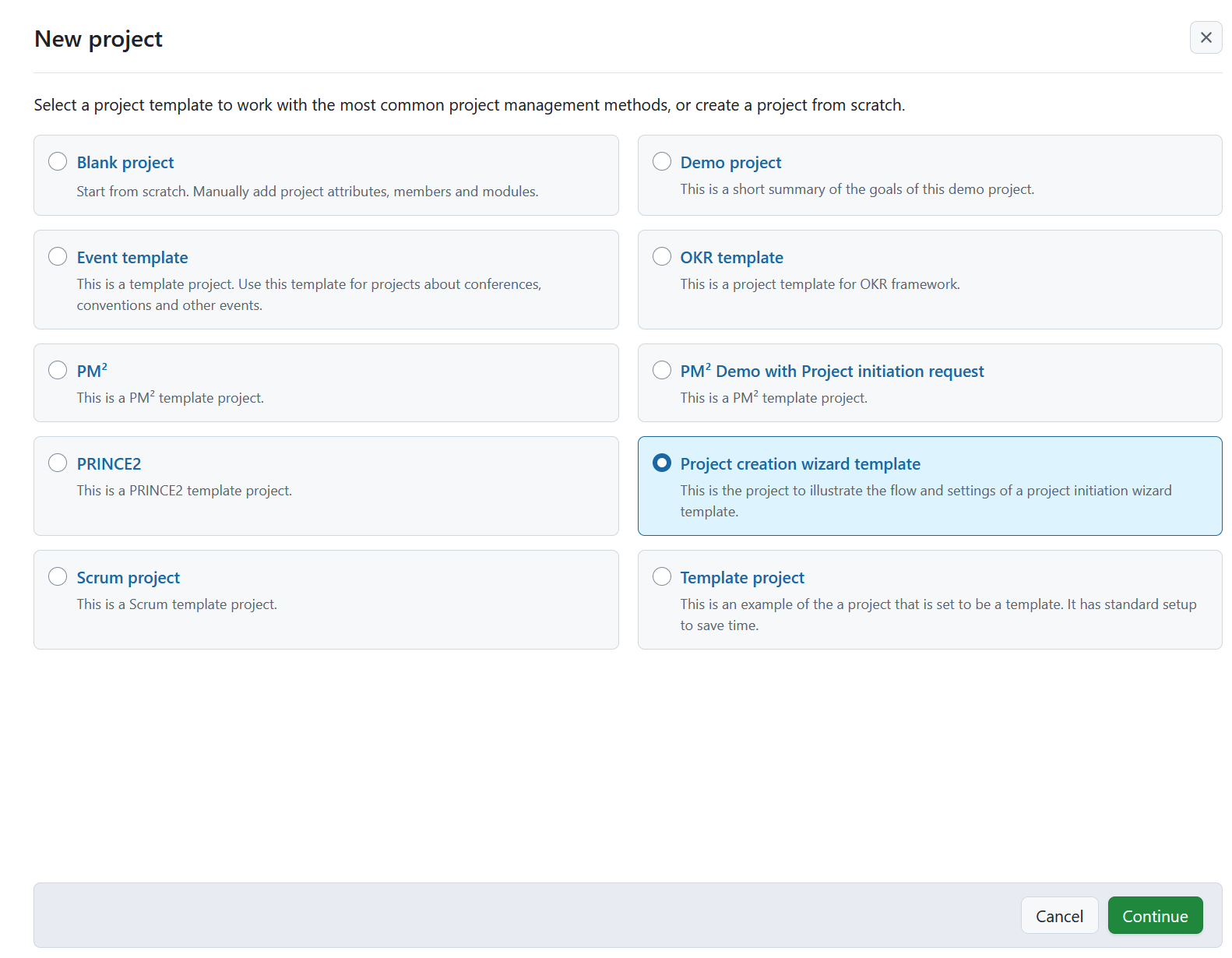 Seleccione una plantilla de proyecto durante la creación del proyecto en OpenProject