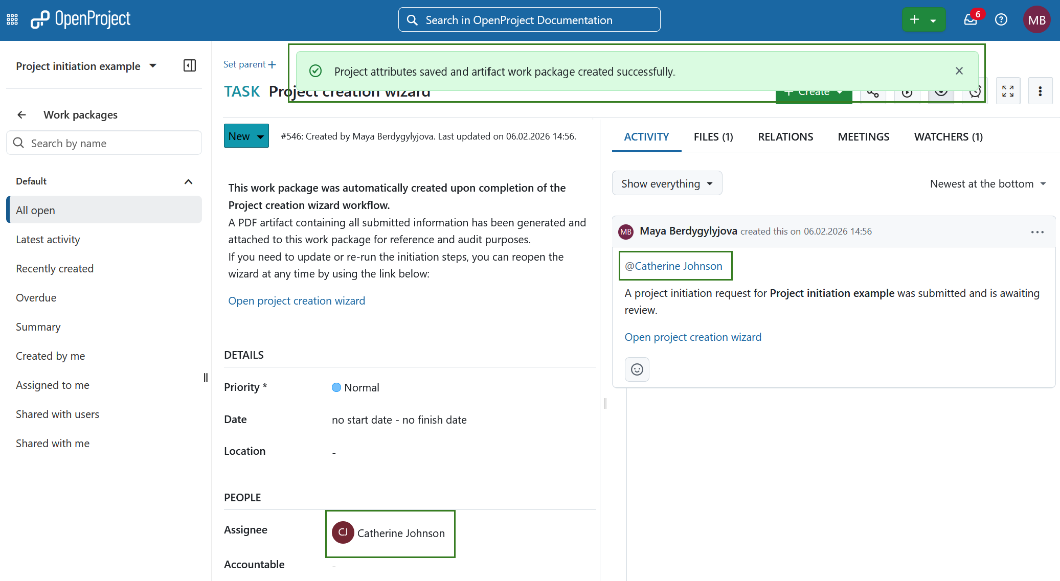 Confirmation message after submitting a project creation wizard in OpenProject