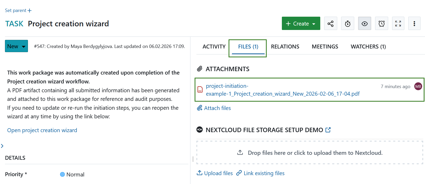Ficha de archivos que muestra el PDF de inicio de proyecto generado