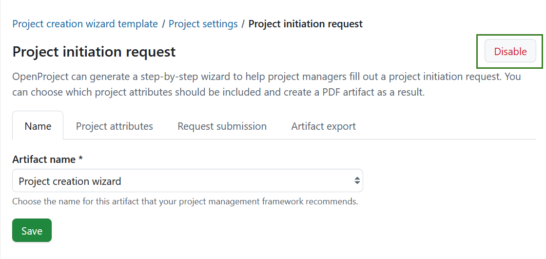 Botón para desactivar la solicitud de inicio de proyecto en las configuraciones del proyecto de OpenProject