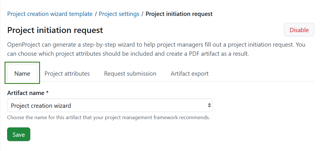 Pestaña para elegir un nombre para el flujo de solicitud de inicio de proyecto en las configuraciones del proyecto de OpenProject