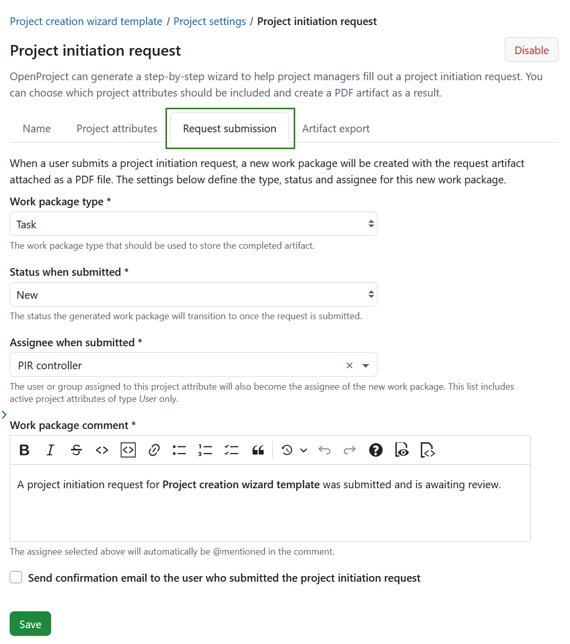 Pestaña para especificar el envío de la solicitud de iniciación del proyecto en las configuraciones del proyecto de OpenProject