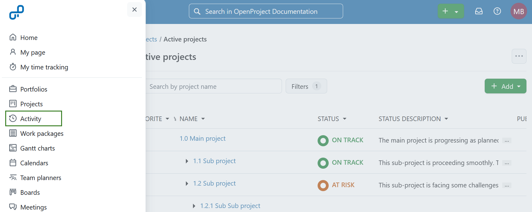 Select activity from the global modules menu