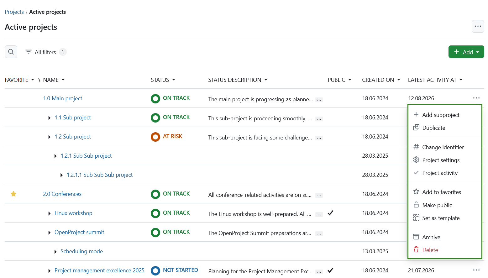 new subproject project list