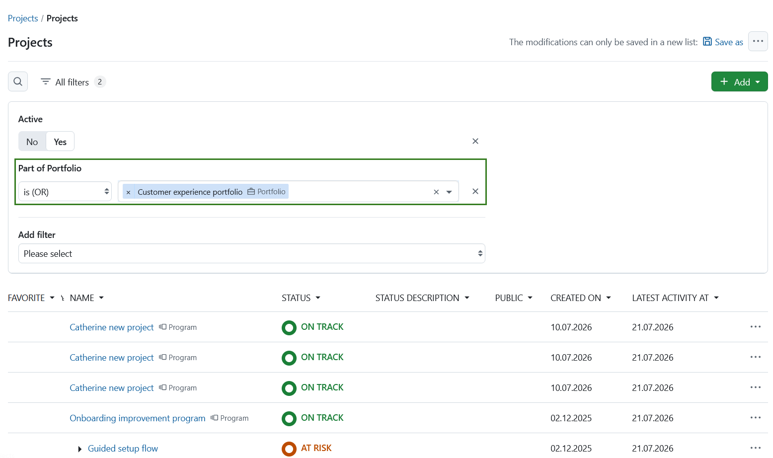 Filtrar todos os projetos que fazem parte de um portfólio selecionado