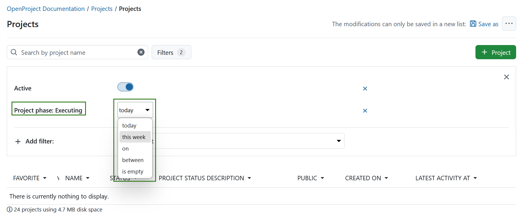 Listas de projetos filtradas por fases do projeto e portas de fase, com o filtro de menu suspenso de período de tempo aberto no OpenProject