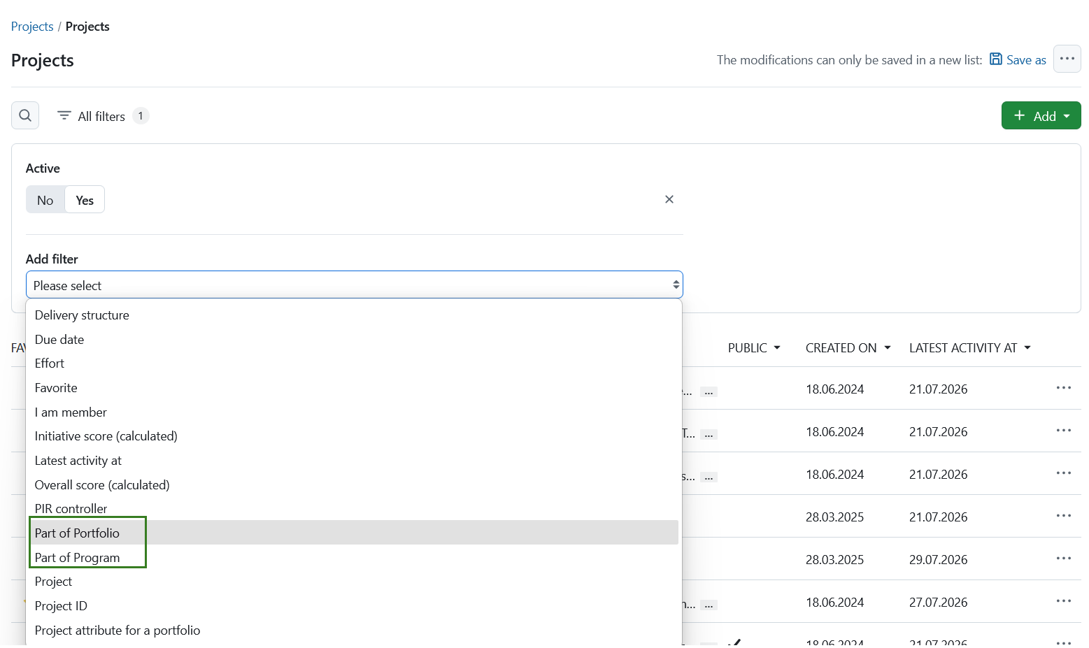 Filtragem de listas de projetos por portfólio e programa no OpenProject