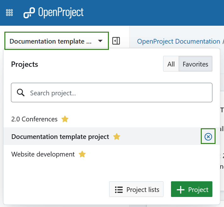 Icon to close an already selected project in the All projects dropdown menu in OpenProject
