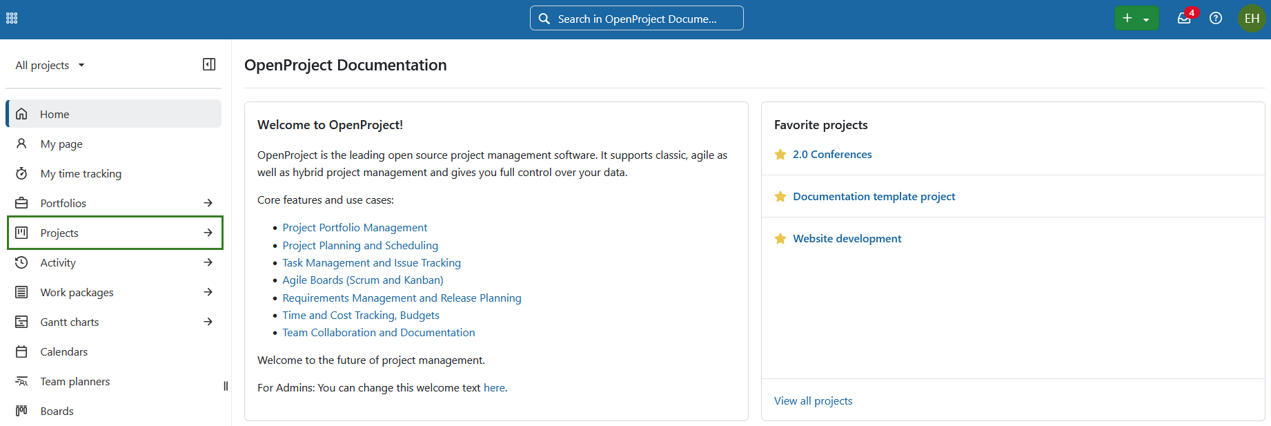 Select all projects from the global modules menu on the left side menu in OpenProject