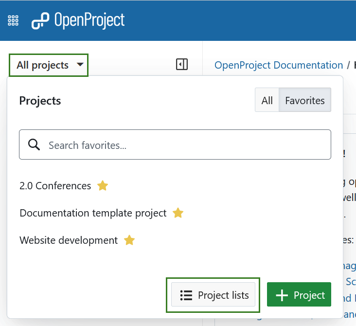 Botón «Lista de proyectos» en la parte inferior del menú desplegable Todos los proyectos en la navegación del encabezado de OpenProject