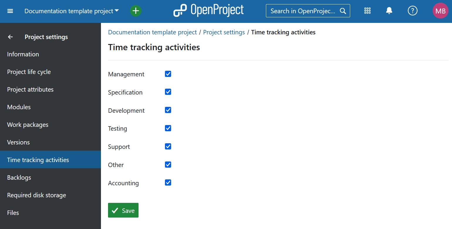 Activar las actividades de seguimiento del tiempo en la configuración del proyecto en OpenProject