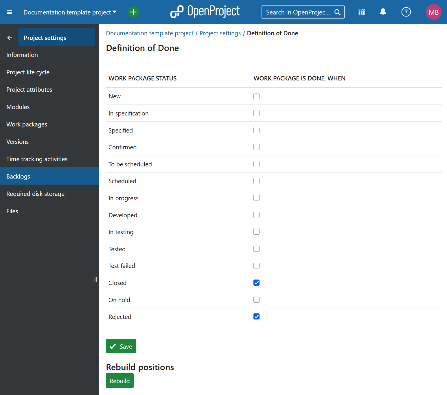 Gérer les paramètres des backlogs dans les paramètres du projet dans OpenProject