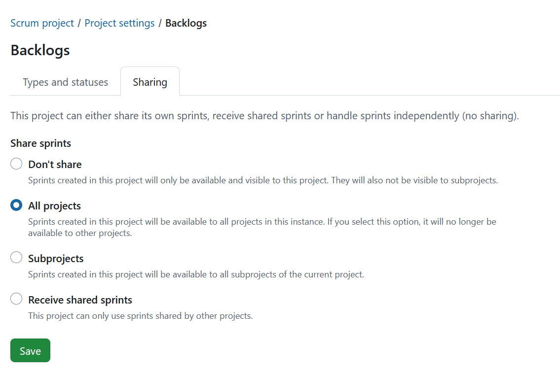Gerir as definições dos backlogs nas definições do projeto no OpenProject