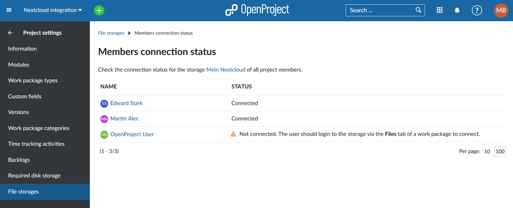 Project folder member connection status