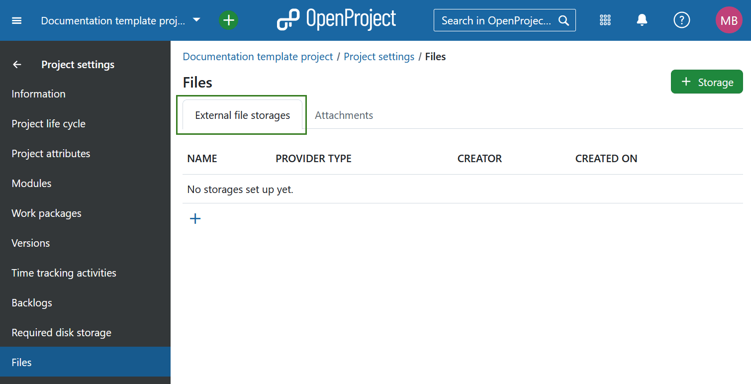 List of file storages available in a project under project settings in OpenProject