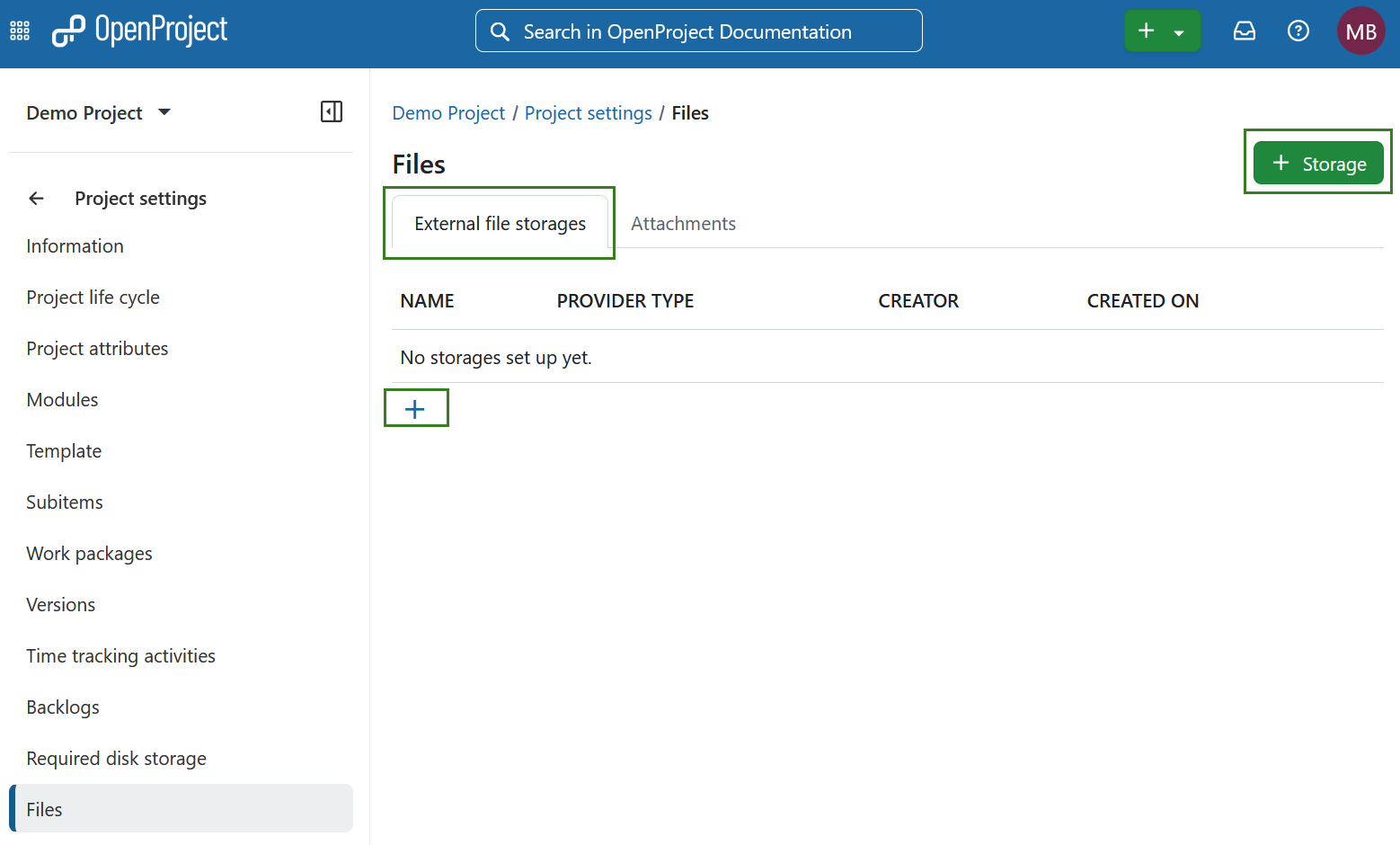 List of file storages available in a project under project settings in OpenProject