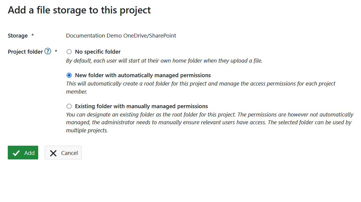 Selecionar o tipo de pasta OneDrive/SharePoint no OpenProject