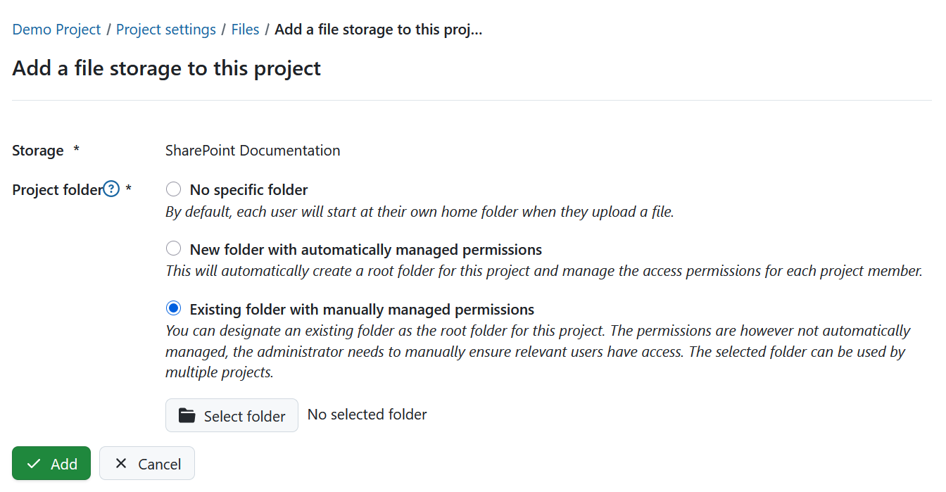 Select SharePoint project folder type in OpenProject project settings
