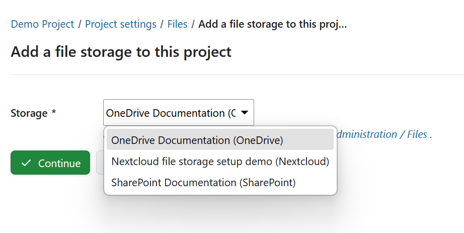 Add a file storage to a project under project settings in OpenProject