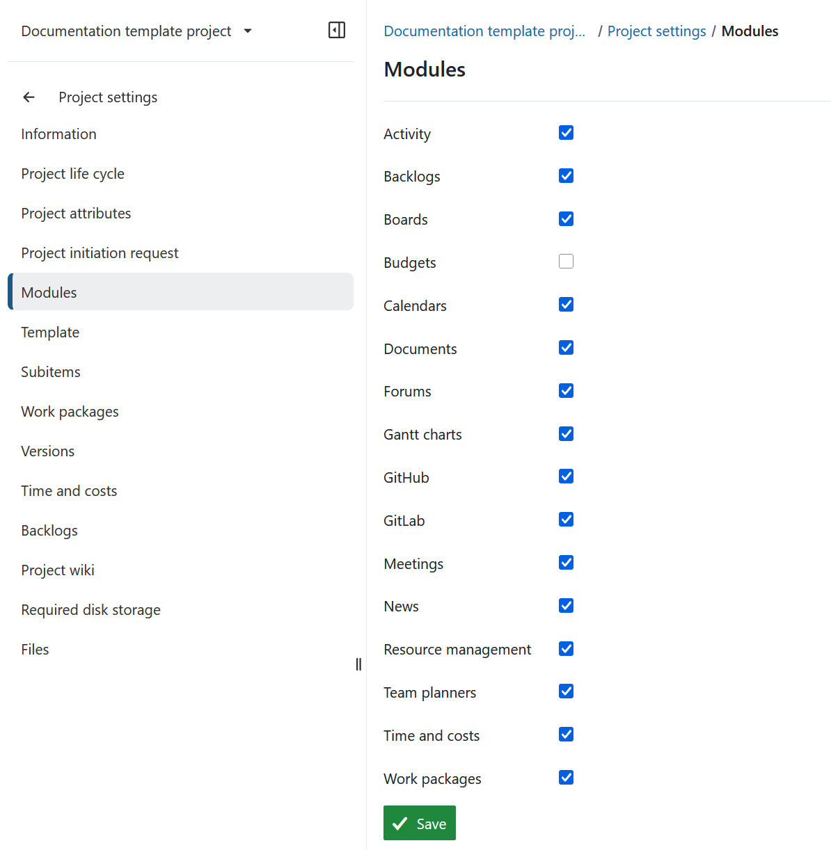 Overview of modules under project settings in OpenProject