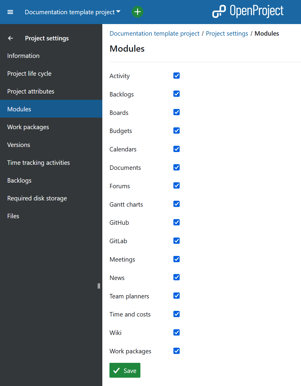 Descripción general de los módulos en la configuración del proyecto en OpenProject