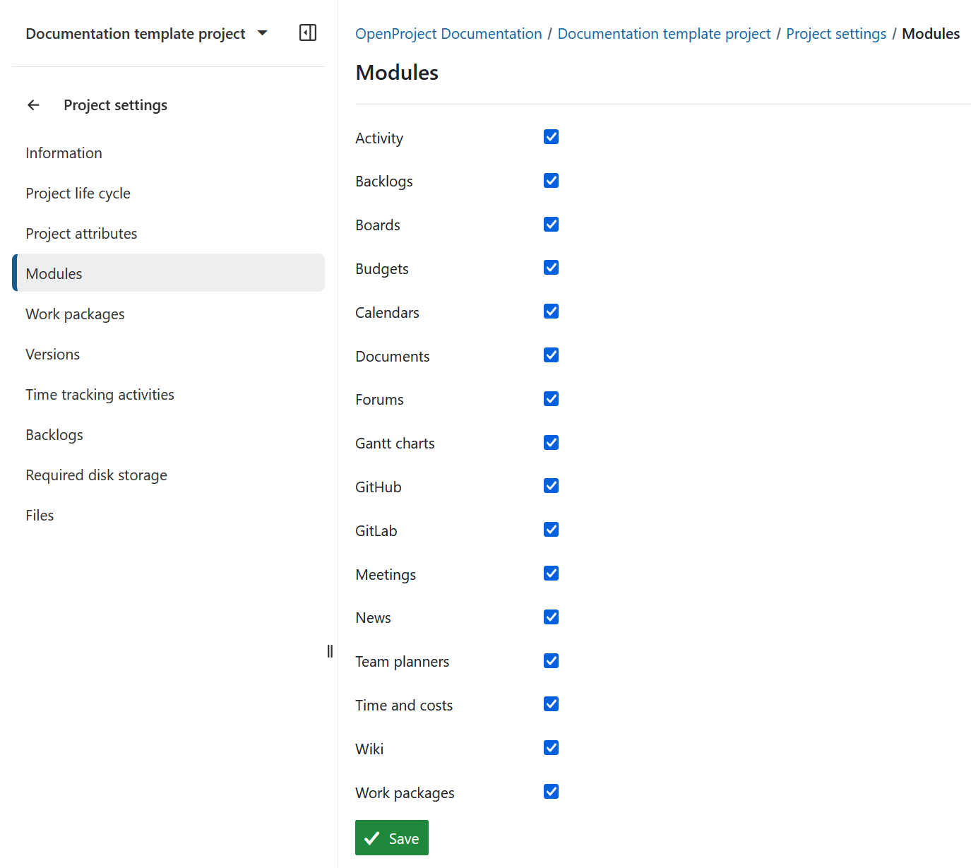 Vue d’ensemble des modules dans les paramètres du projet dans OpenProject