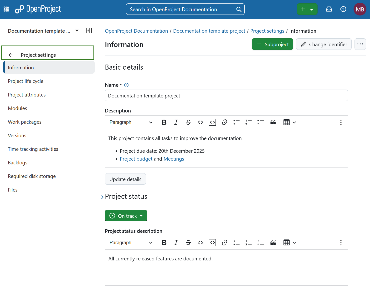 Módulo de definições do projeto selecionado no menu esquerdo do projeto no OpenProject