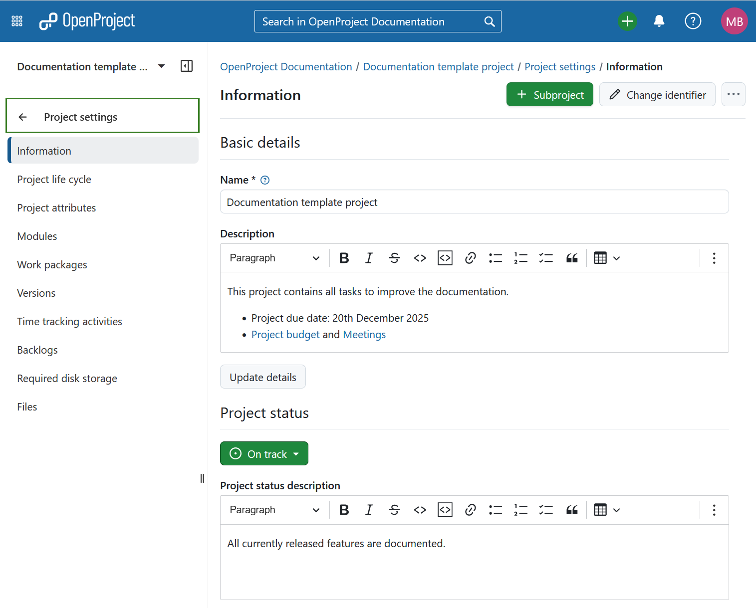 Module de configuration du projet sélectionné dans le menu du projet à gauche dans OpenProject