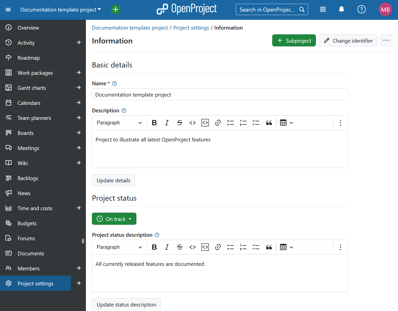 Projektkonfiguration Modul im linken Projektmenü in OpenProject