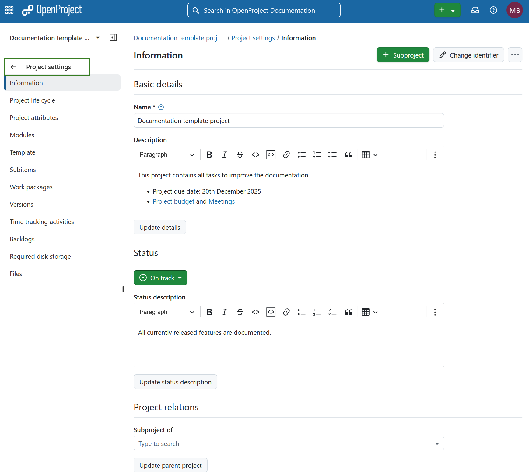 Module de configuration du projet sélectionné dans le menu du projet à gauche dans OpenProject