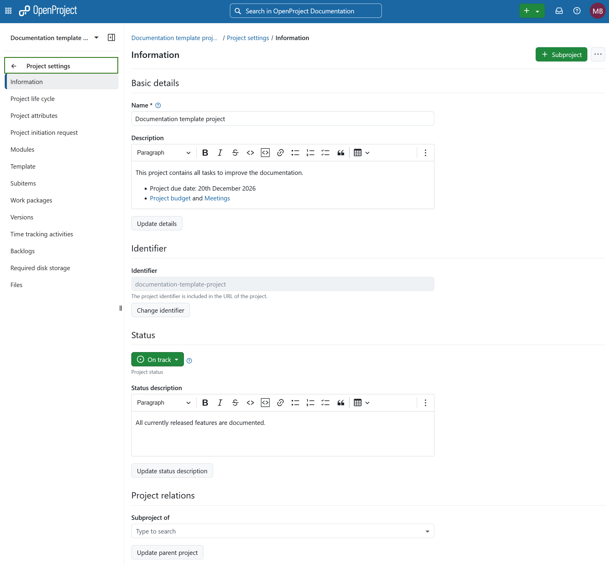 Project settings module selected in left-hand project menu in OpenProject