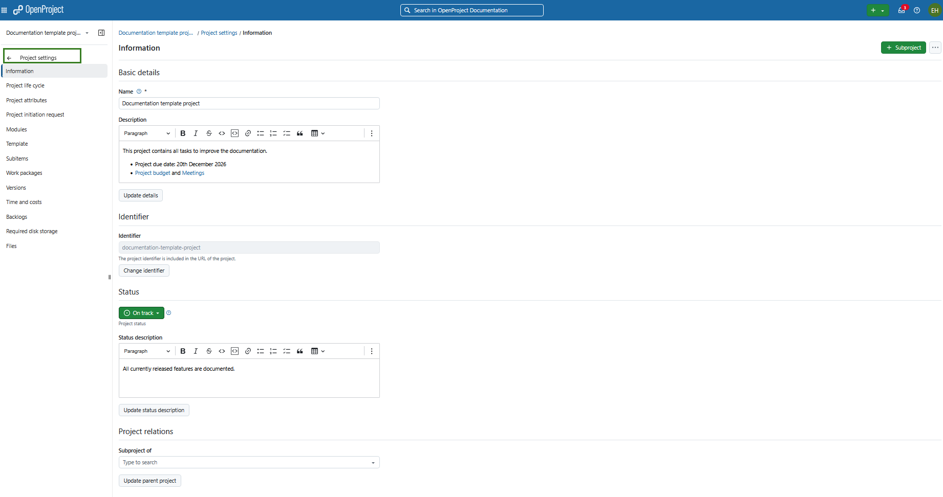 Project settings module selected in left-hand project menu in OpenProject