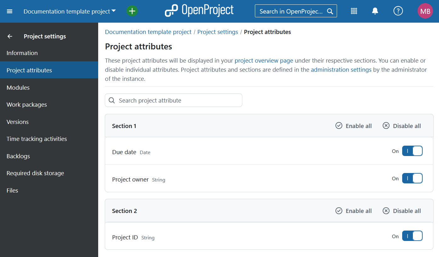 Project attribute list in Project settings