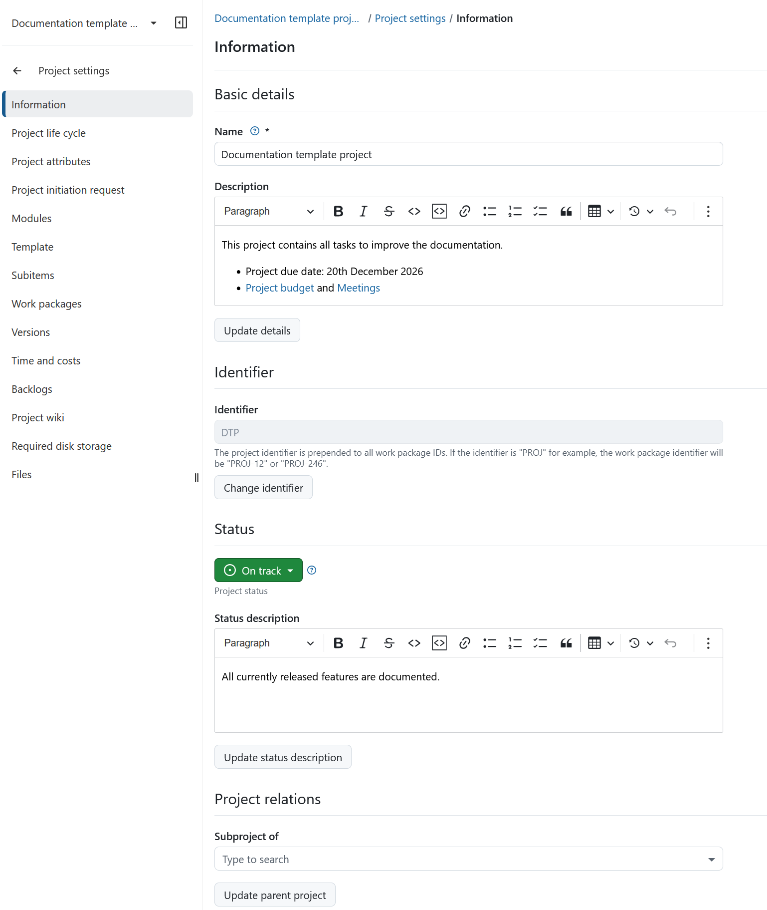 Página de información del proyecto, en la configuración del mismo, en la que se muestran los datos básicos, el identificador del proyecto, el estado del proyecto y las relaciones del proyecto