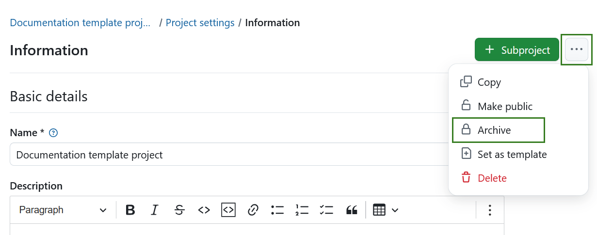 Archiver un projet dans les paramètres du projet dans OpenProject