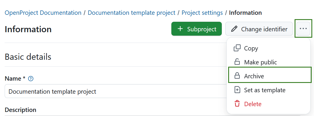 Archiver un projet dans les paramètres du projet dans OpenProject