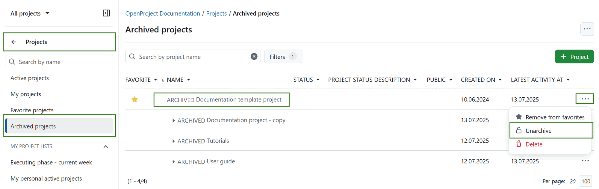 Um projeto arquivado apresentado na lista de projetos no OpenProject