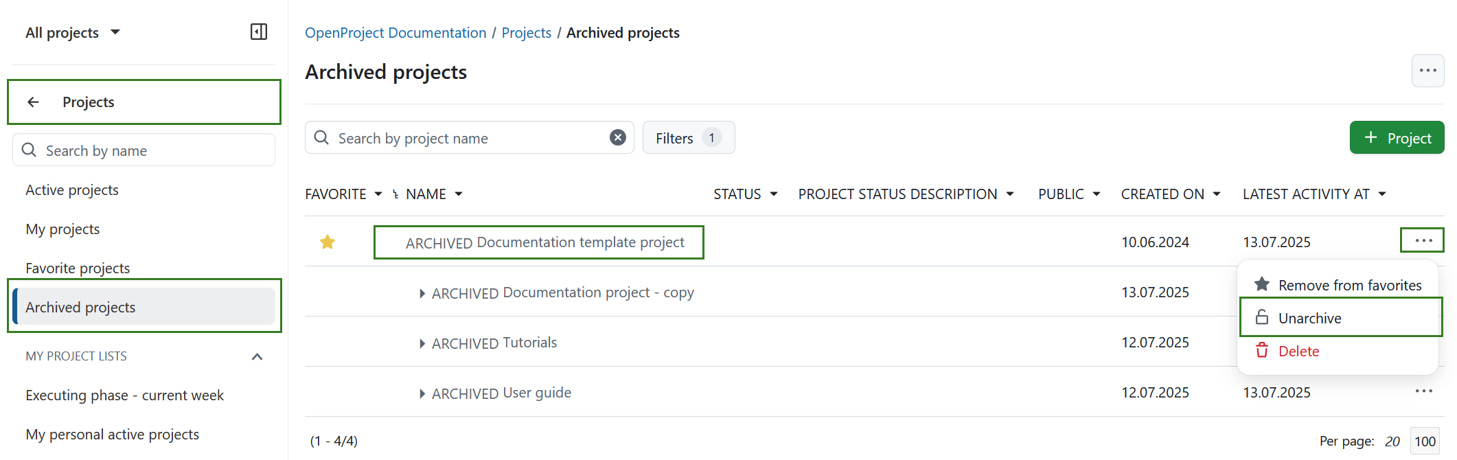 Un projet archivé affiché dans la liste des projets dans OpenProject