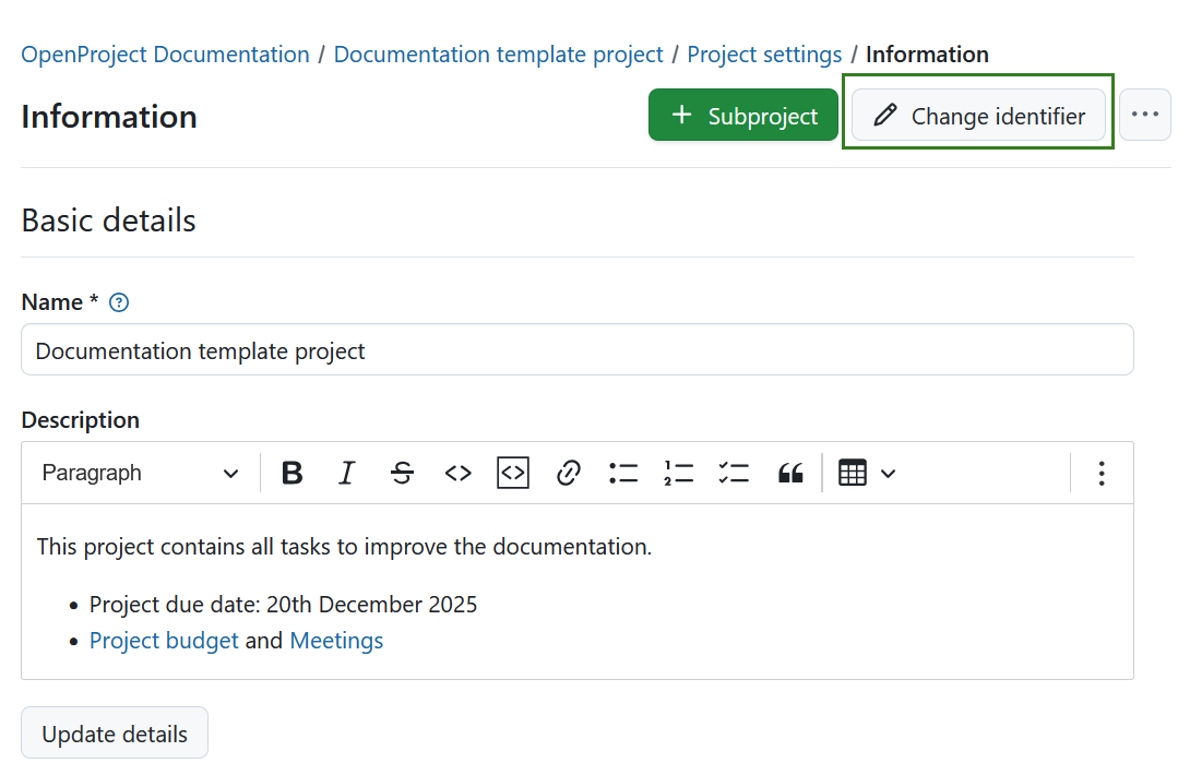 Changer l’identifiant du projet dans les paramètres du projet dans OpenProject