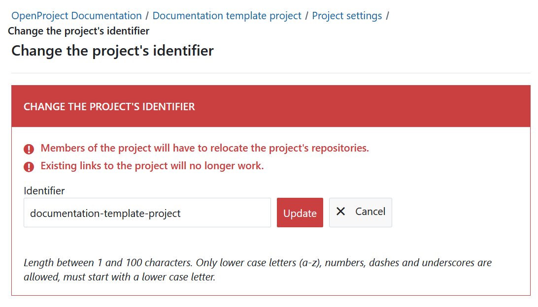Un formulaire pour changer l’identifiant du projet dans OpenProject
