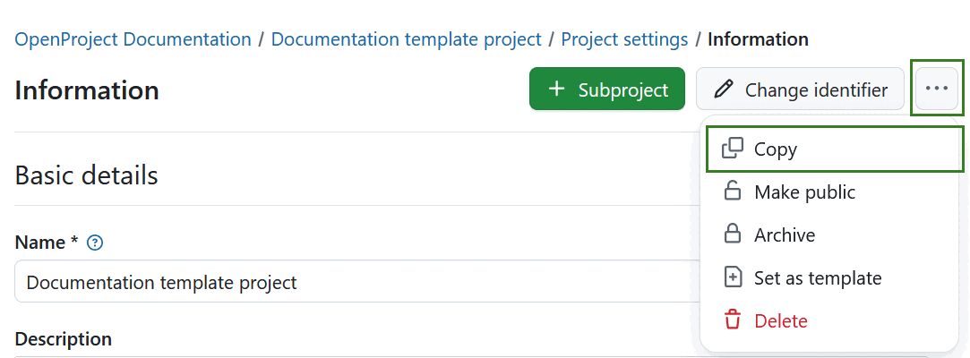 Copiar um projeto nas definições do projeto em OpenProject