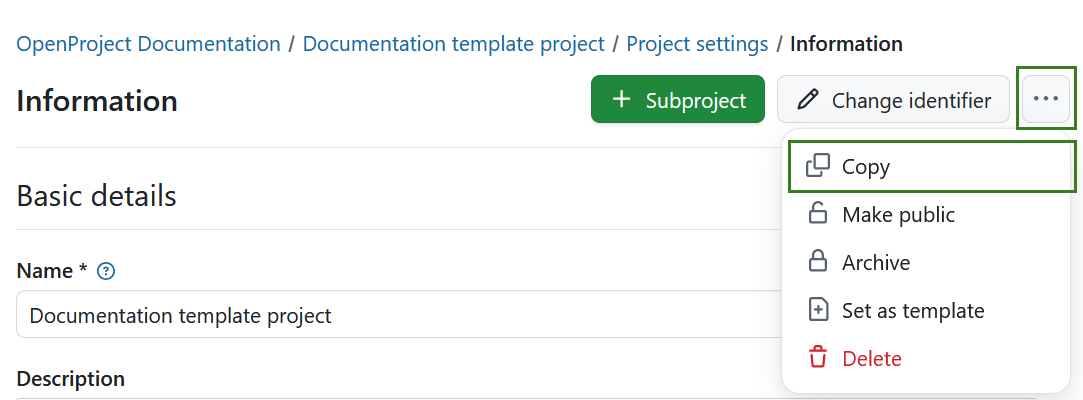 Copier un projet dans les paramètres du projet dans OpenProject