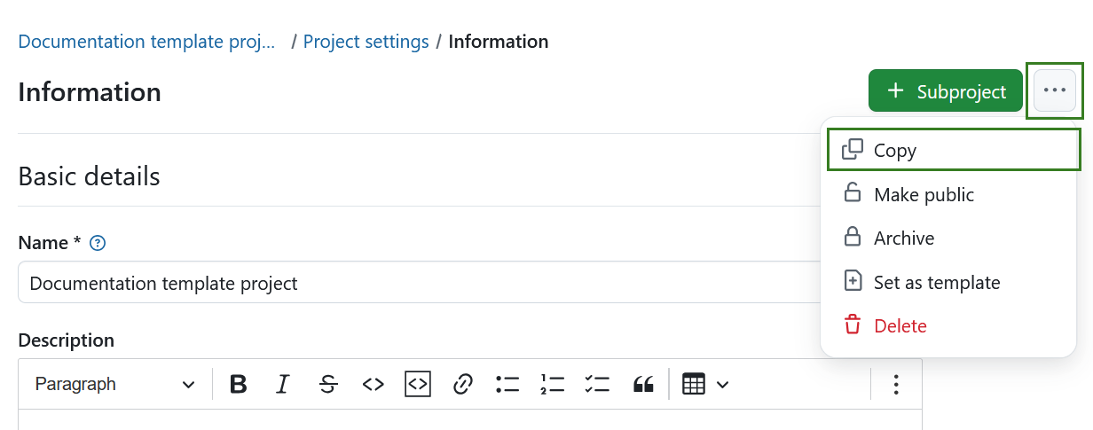 Copier un projet dans les paramètres du projet dans OpenProject