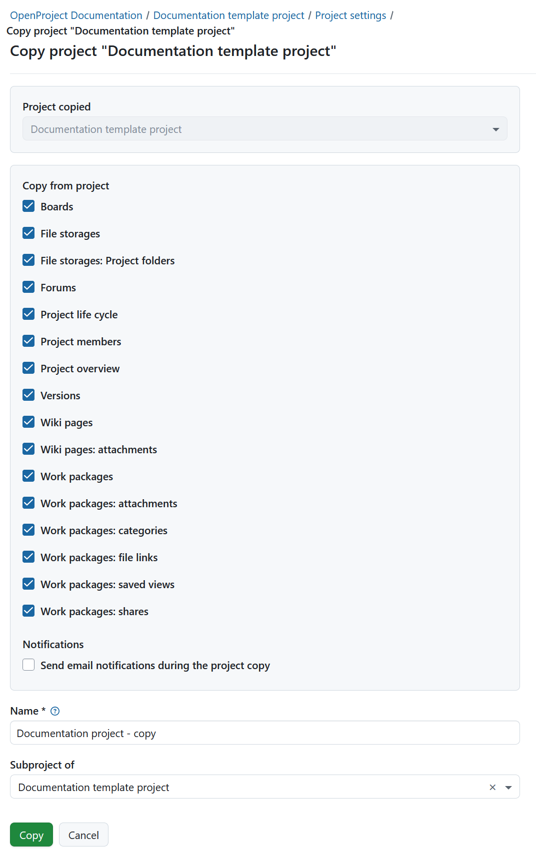 Formulaire pour spécifier les options de copie lors de la copie d’un projet dans OpenProject