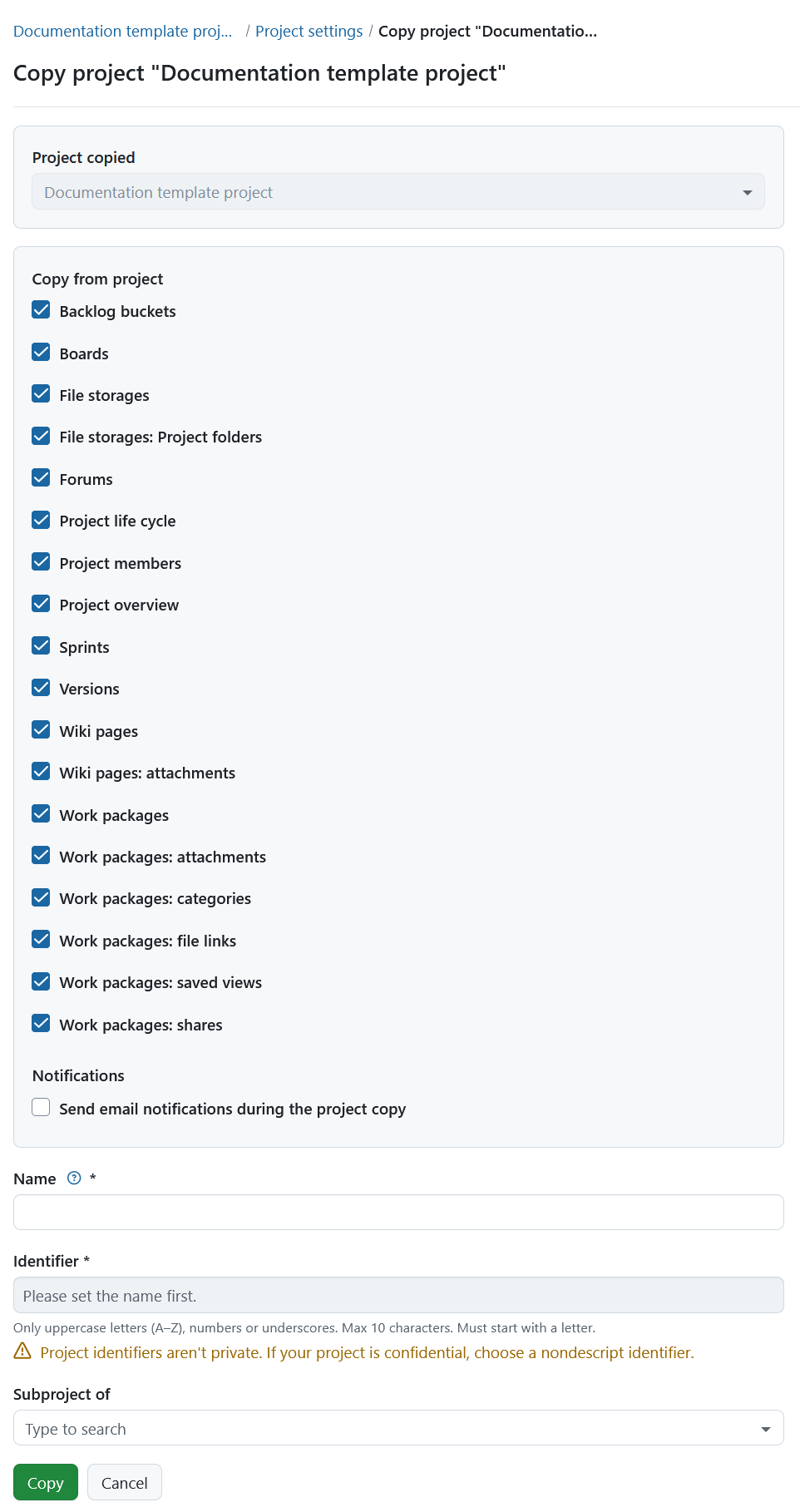 Formulario de duplicación de proyectos con opciones para seleccionar qué datos y ajustes del proyecto se van a copiar
