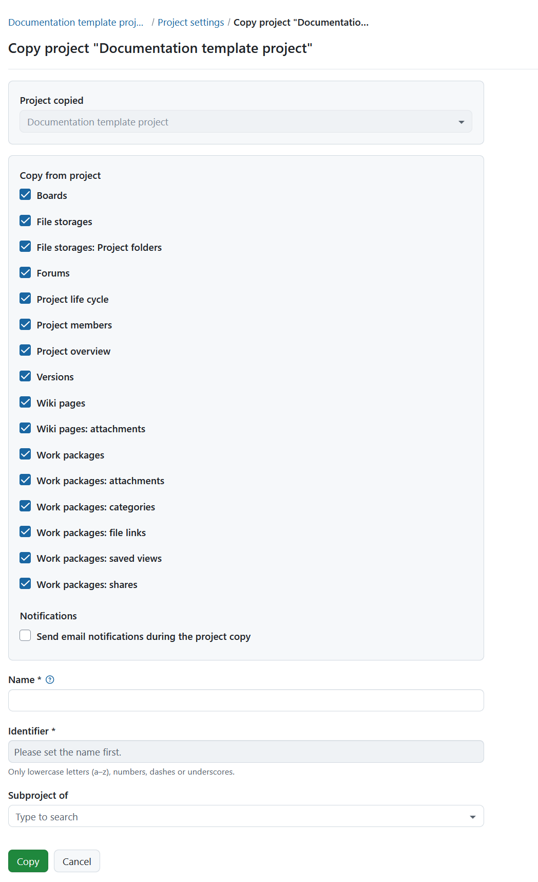 Formulaire pour spécifier les options de copie lors de la copie d’un projet dans OpenProject